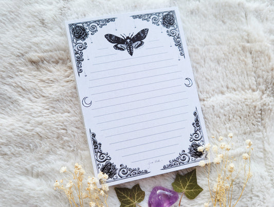 Gothic moth frame Notepad - lined A6 size, 50 pages, professionally printed - by Grace Moth
