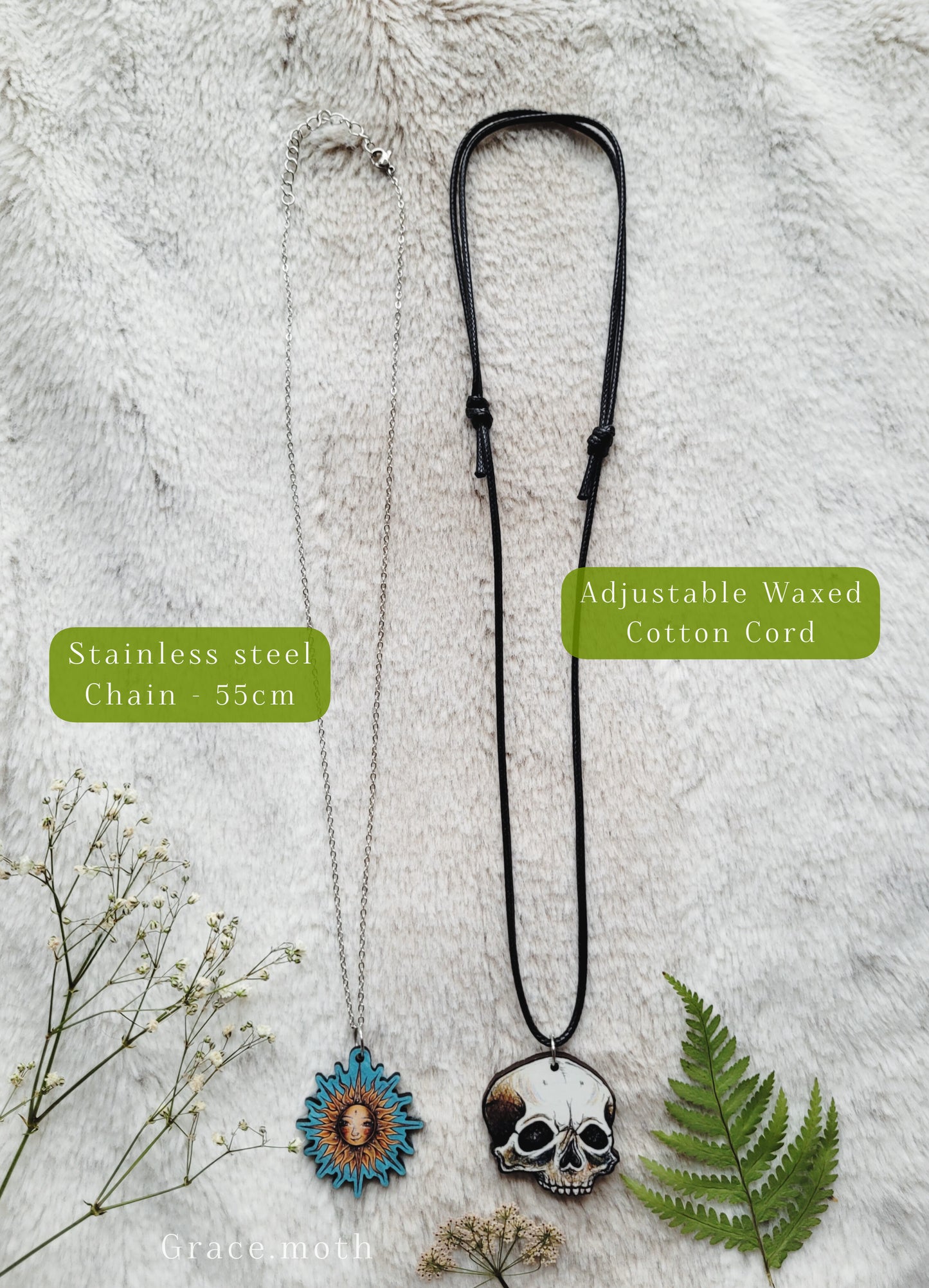 Crow Guardian illustrated necklace, responsibly sourced cherry wood, chain options available, by Grace Moth