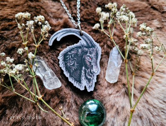 Black Phillip Goat illustrated necklace, responsibly sourced cherry wood, chain options available, by Grace Moth