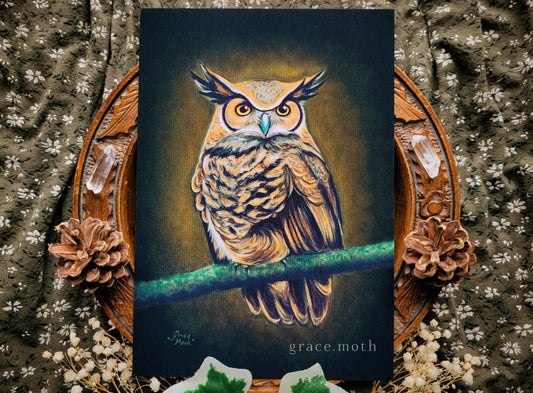 Great Horned Owl - A5, A4 or A3 Art print, originally oil painted by Grace Moth