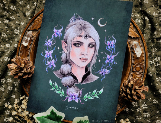 Shadowheart - A5 art print by Grace Moth - BG3, Baldurs Gate 3, Half Elf, Companion, Night Orchid - 5.8 x 8.3