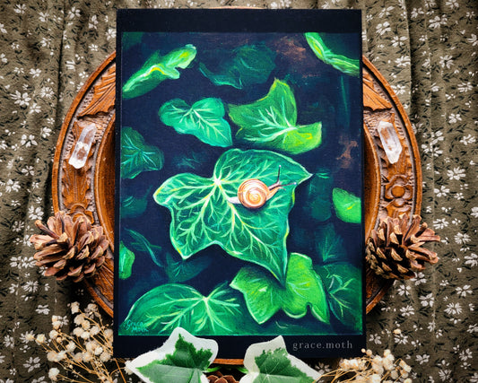 Snail on Ivy Leaf - A5, A4 or A3 Art print, originally oil painted by Grace Moth