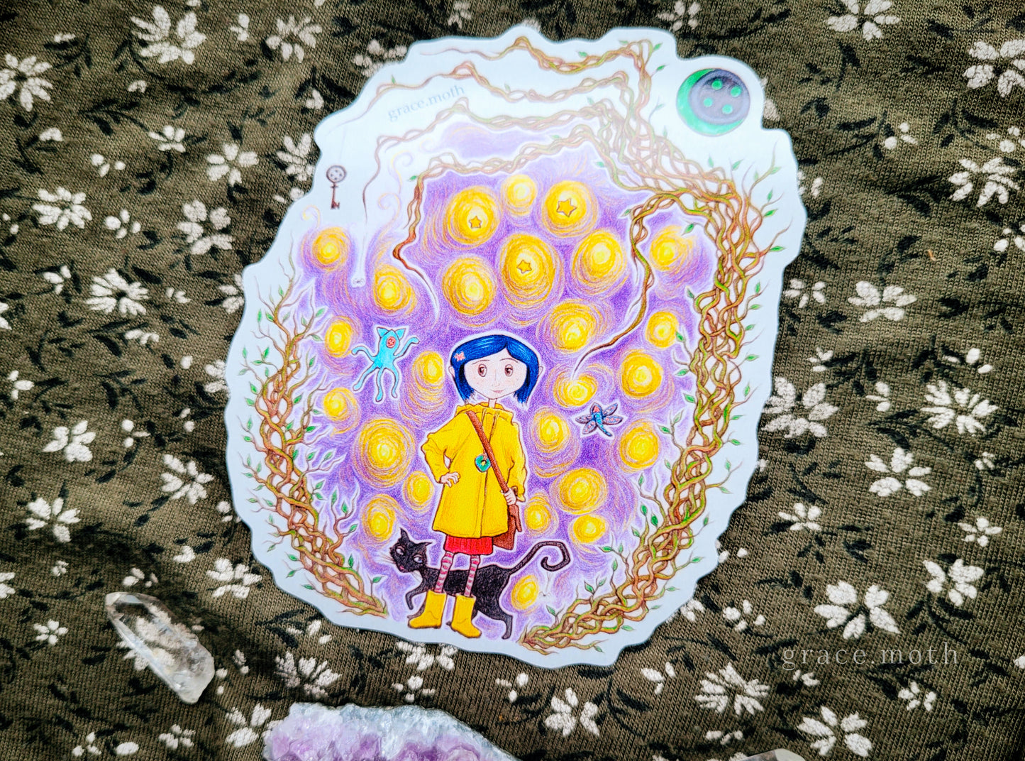 Coraline - Vinyl Sticker - 10cm illustrated by Grace Moth