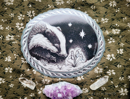 Badger and Snowdrops - Vinyl Sticker - 10cm illustrated by Grace Moth
