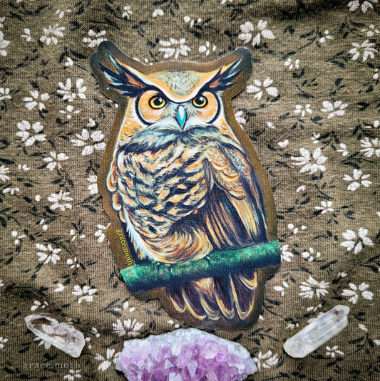 Great Horned Owl - Vinyl Sticker - 10cm oil painting painted by Grace Moth