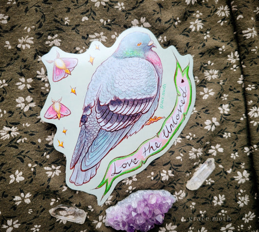 Pigeon Love Sticker - Vinyl Sticker - 10cm illustrated by Grace Moth - love the Unloved - kindness - bird