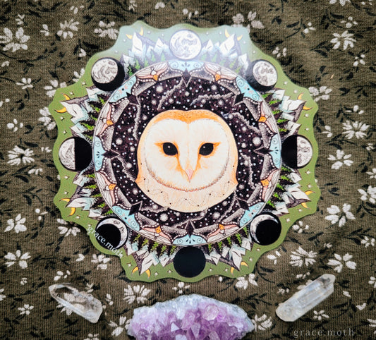 Owl Mandala - Vinyl Sticker - 10cm illustrated by Grace Moth