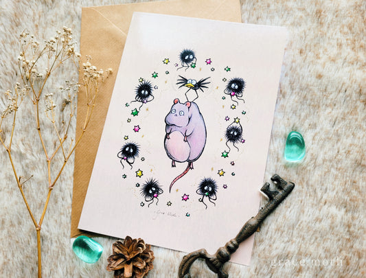 Soot Sprite card - A5 greeting card by Grace Moth - 5.8 x 8.3, Anime inspired, Rat, Magical, Birthday