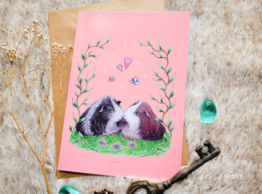 Guinea Pig Love - A5 greeting card by Grace Moth - 5.8 x 8.3,  pets, valentines, pink, anniversary, cute
