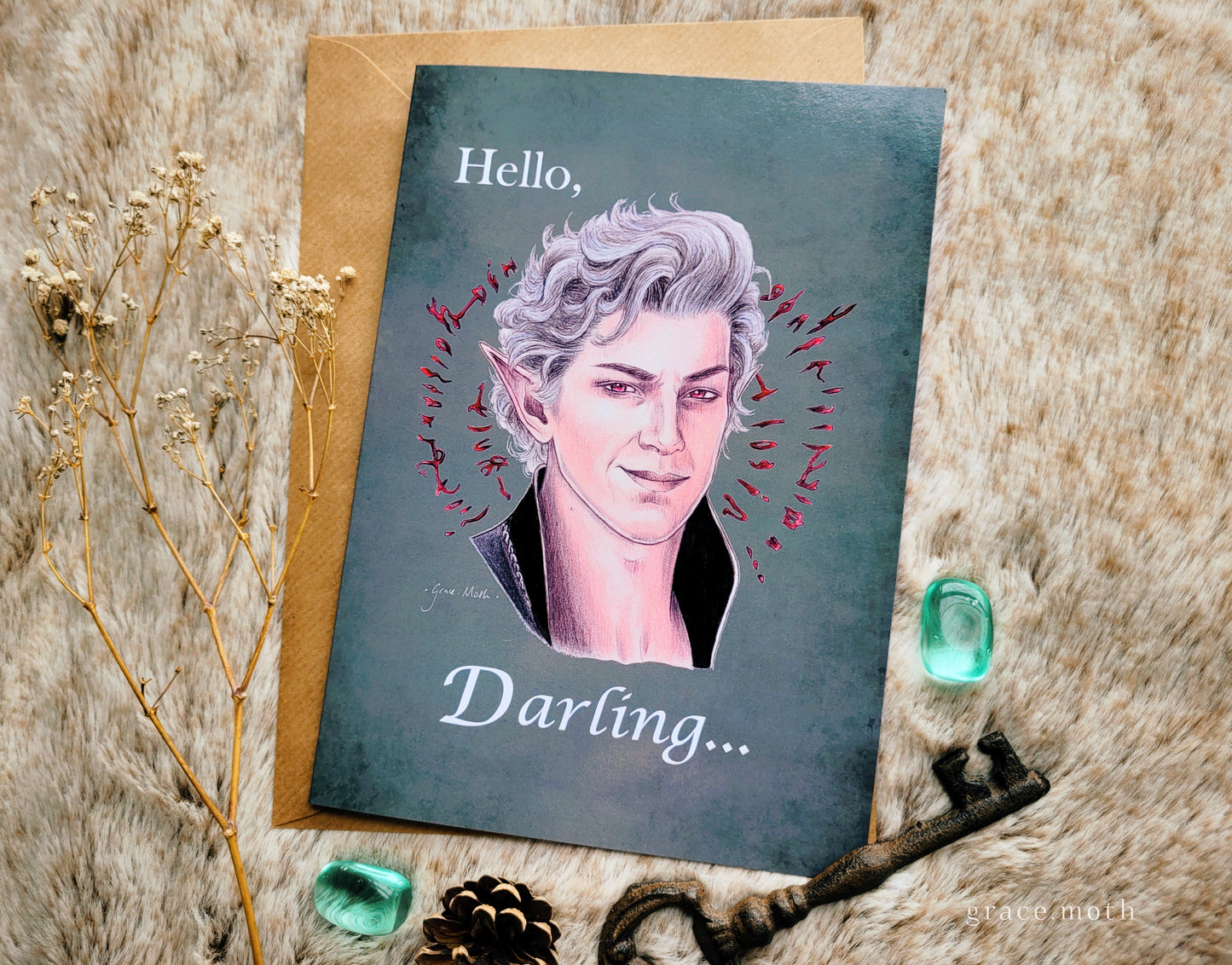 Astarion Card - A5 greeting card by Grace Moth - 5.8 x 8.3, game inspired, Vampire, Pale elf, dnd, valentines, bg3, baldurs gate 3