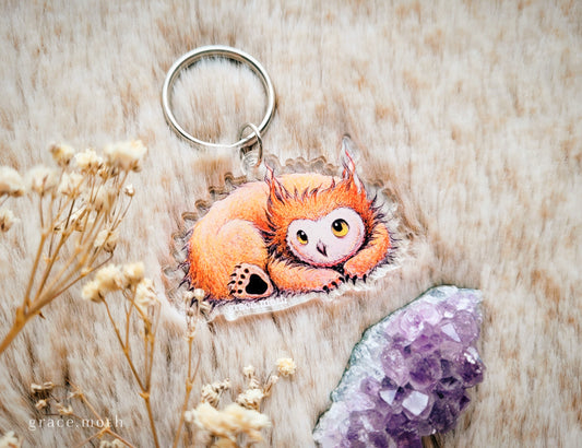 Owlbear Cub illustrated Key Ring, recycled clear acrylic, by Grace Moth