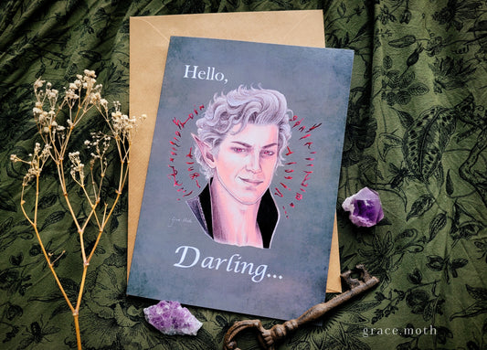 Astarion Card - A5 greeting card by Grace Moth - 5.8 x 8.3, game inspired, Vampire, Pale elf, dnd, valentines, bg3, baldurs gate 3