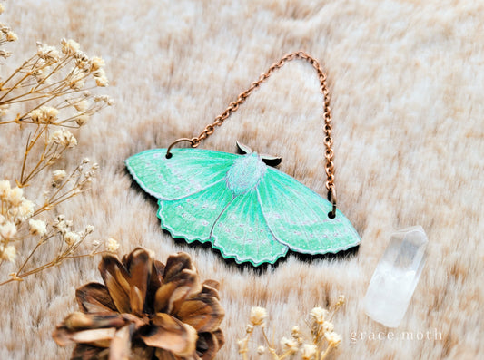 Emerald Moth ornament, wall hanging, 7.5cm, responsibly sourced cherry wood, illustrated by Grace Moth, Entomology