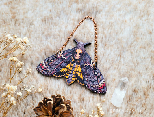 Deaths-Head Hawkmoth ornament, wall hanging, 7.5cm, responsibly sourced cherry wood, illustrated by Grace Moth, Entomology, female