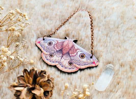 Emperor Moth ornament, wall hanging, 7.5cm, responsibly sourced cherry wood, illustrated by Grace Moth, Entomology, female