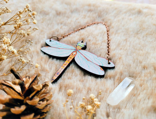Dragonfly ornament, wall hanging, 7.5cm, responsibly sourced cherry wood, illustrated by Grace Moth, Entomology, Bugs, Norfolk Hawker
