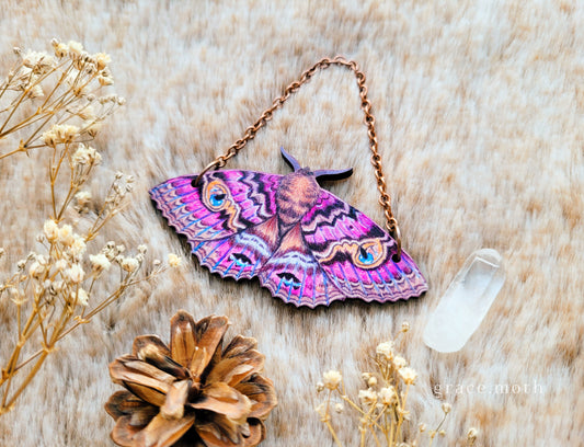 Granny Cloak Moth ornament, wall hanging, 7.5cm, responsibly sourced cherry wood, illustrated by Grace Moth, Entomology