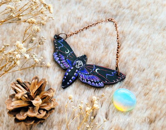 Purple Moth illustrated ornament, death head hawk, wall hanging, responsibly sourced cherry wood, by Grace Moth