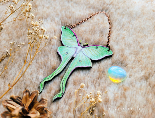 Luna Moth illustrated ornament, wall hanging, 7.5cm, responsibly sourced cherry wood, by Grace Moth