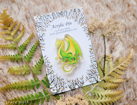 Nature Dragon illustrated pin, recycled clear acrylic, by Grace Moth - Mythical Creature