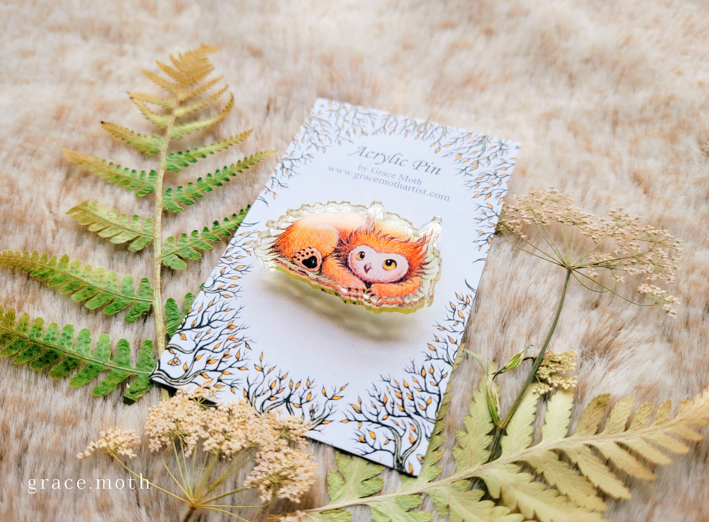 Owlbear Cub illustrated pin, recycled clear acrylic, by Grace Moth - BG3 Baldurs Gate, Gaming inspired