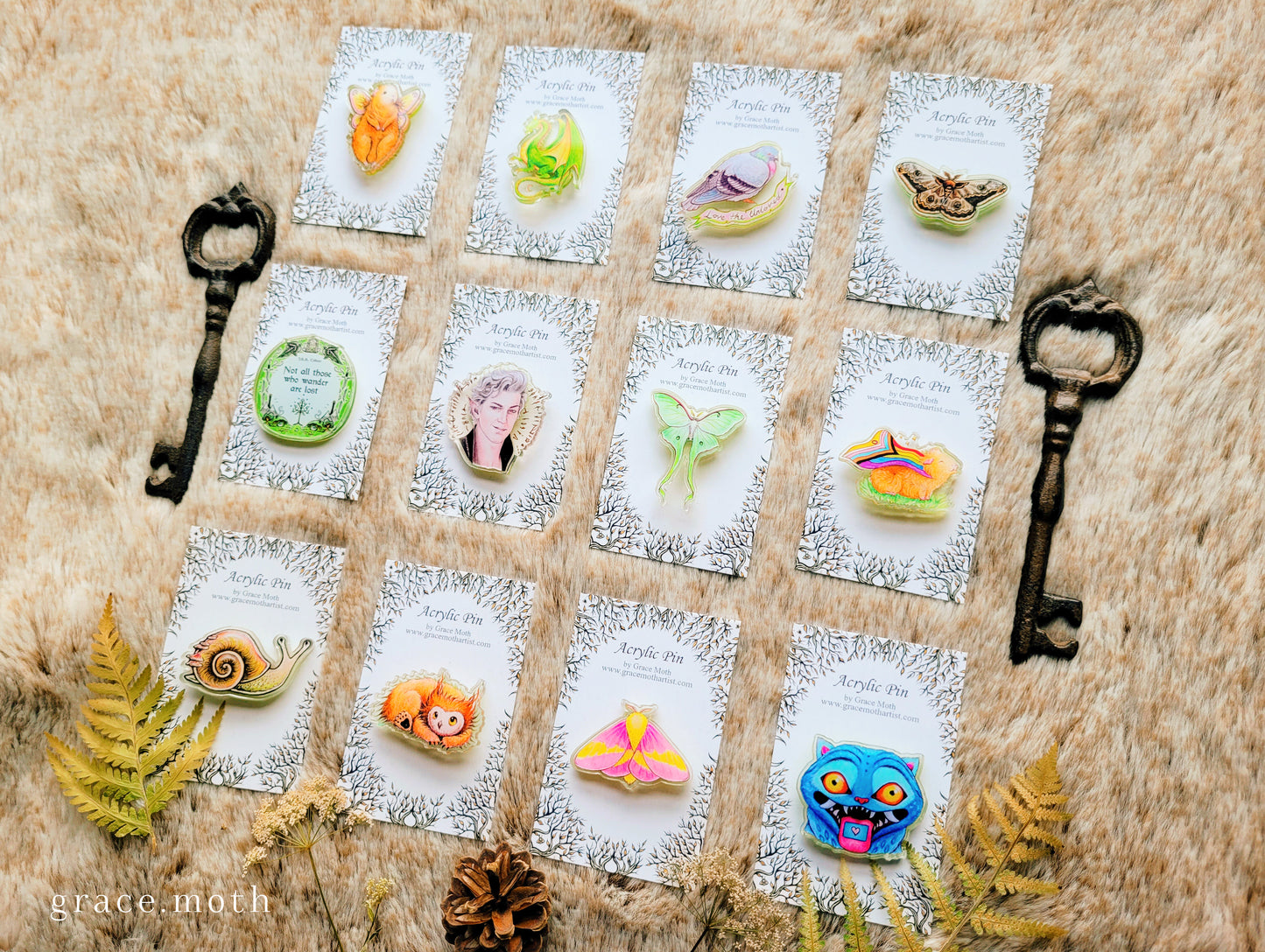 Luna Moth illustrated pin, recycled clear acrylic, by Grace Moth