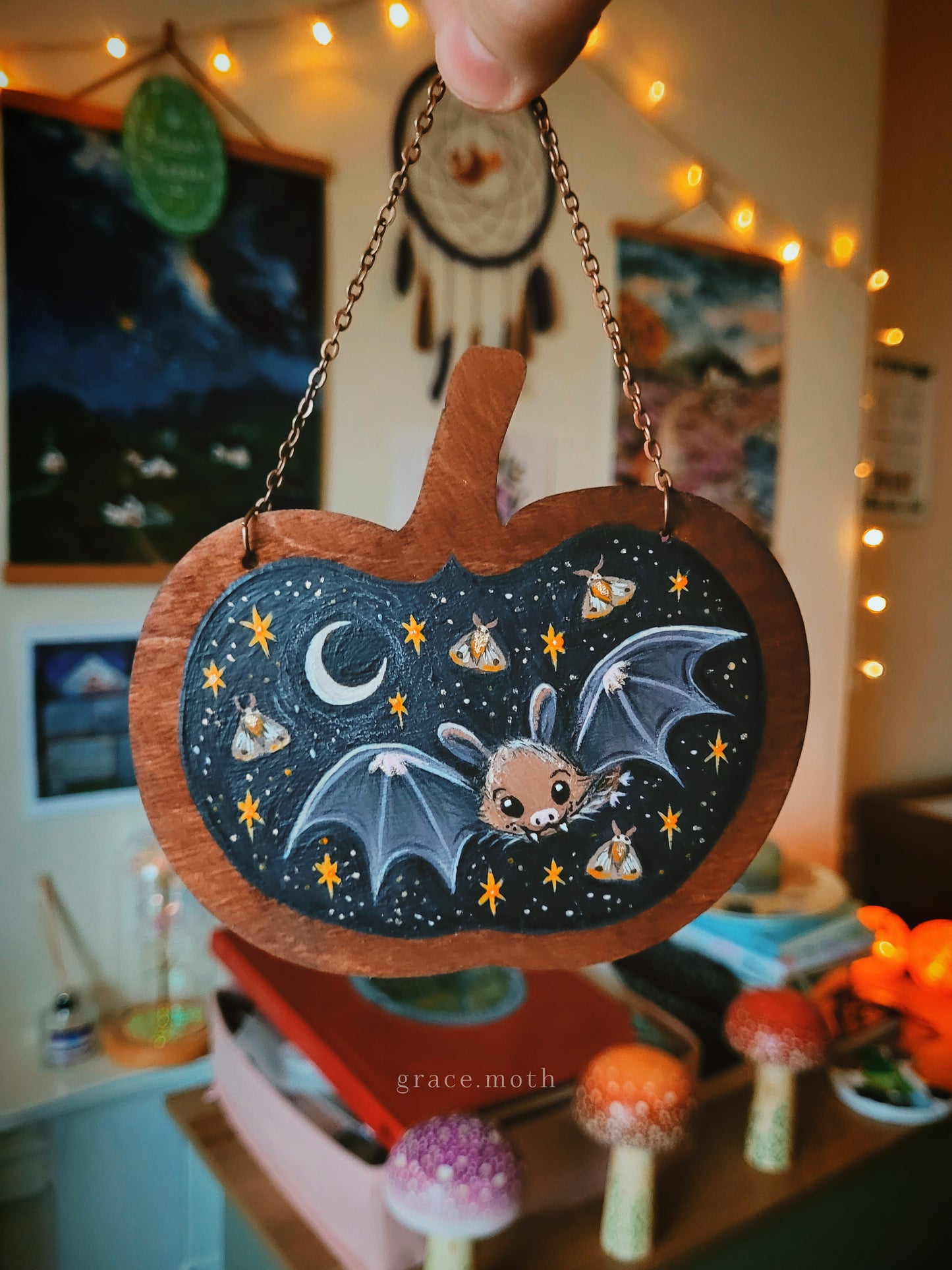Original painted "Baby Bat catching Moths" on wood Pumpkin - One of a kind handmade wall hanging/ornament by Grace Moth