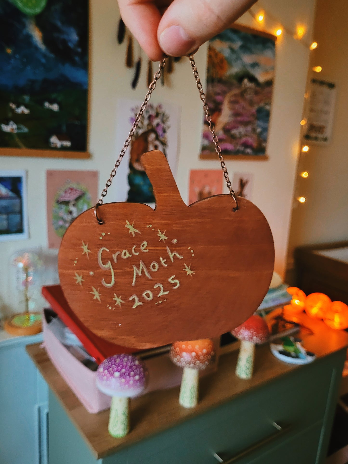 Original painted "Baby Bat catching Moths" on wood Pumpkin - One of a kind handmade wall hanging/ornament by Grace Moth