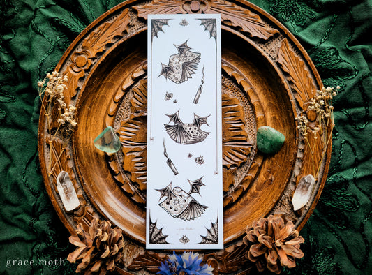 Bat-books Bookmark - illustrated by Grace Moth, gothic inkwork