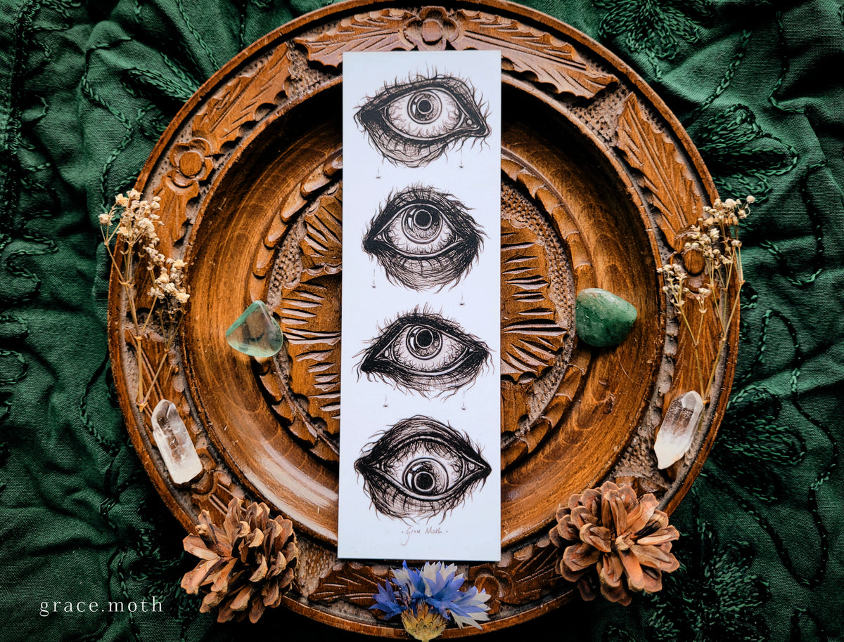Staring Eyes Bookmark - illustrated by Grace Moth, gothic inkwork
