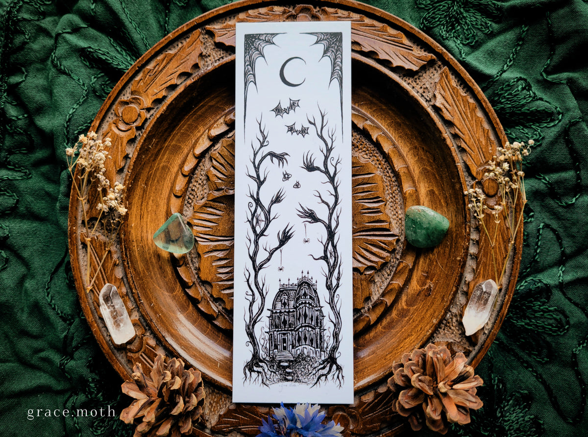 Creepy House Bookmark - illustrated by Grace Moth, gothic inkwork