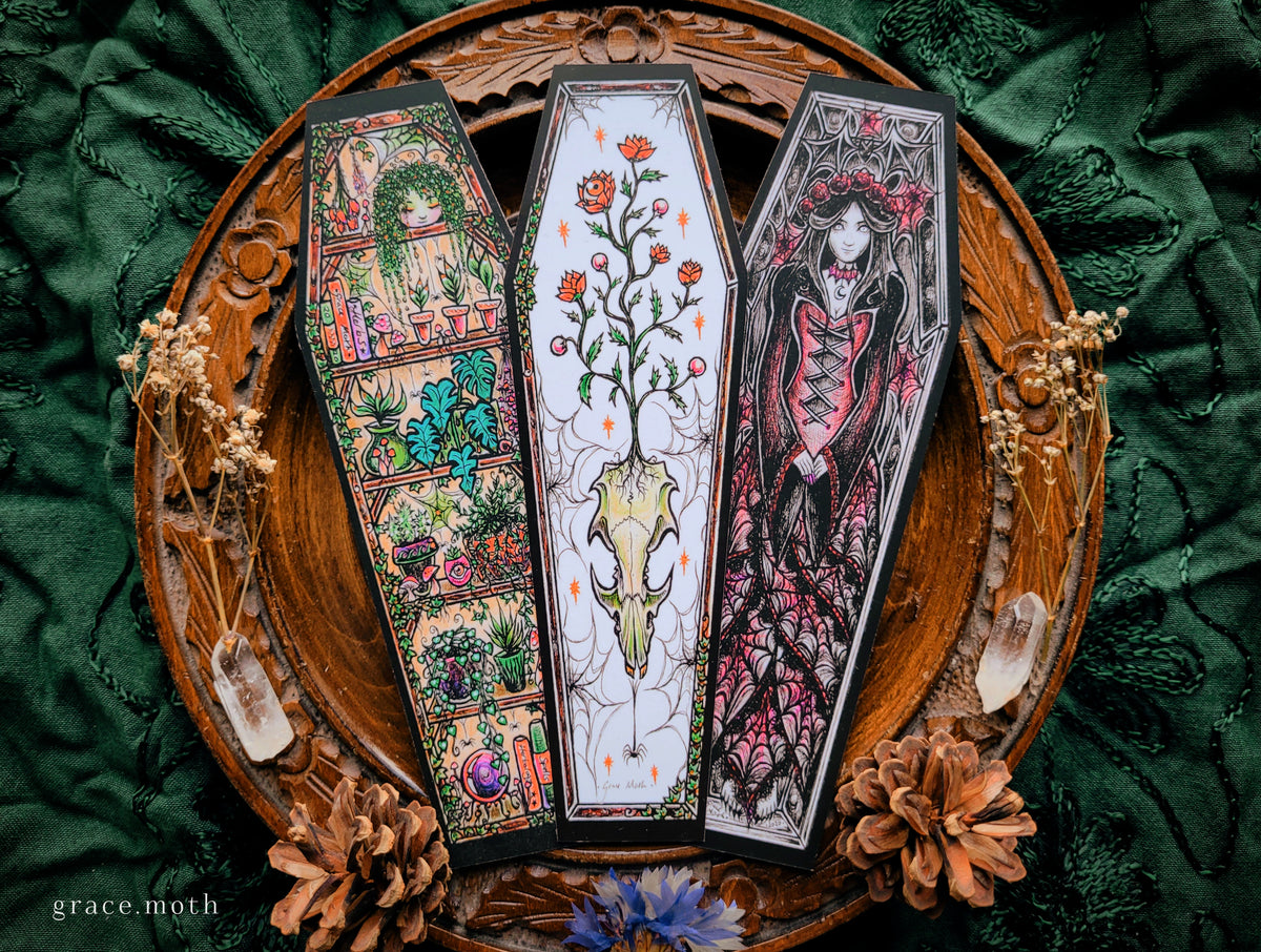 Rat Skull Bookmark - illustrated by Grace Moth, gothic botanical coffin