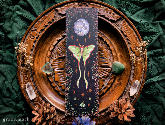 Luna Moth Bookmark - illustrated by Grace Moth, magical inkwork