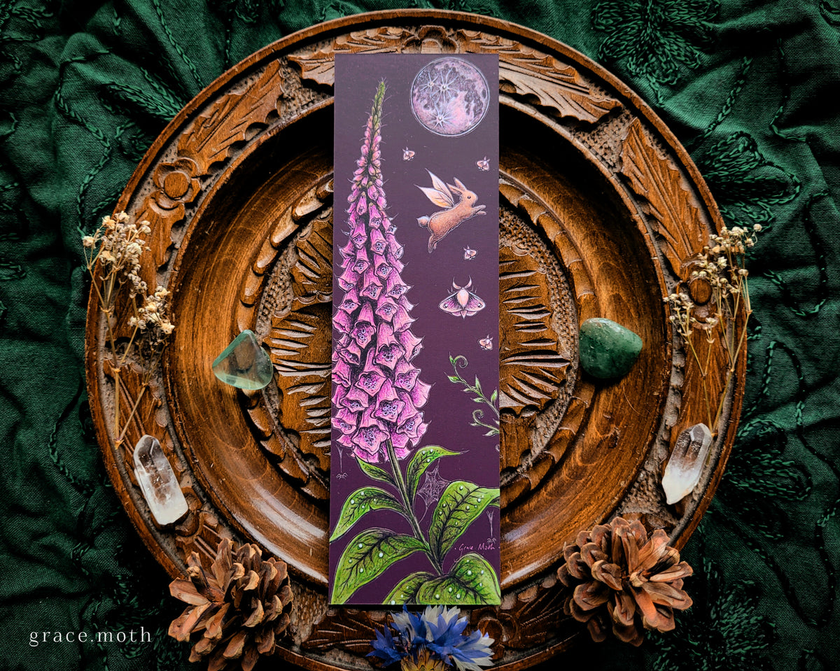 Foxglove Bookmark - illustrated by Grace Moth, whimsical rabbit fairy cottagecore
