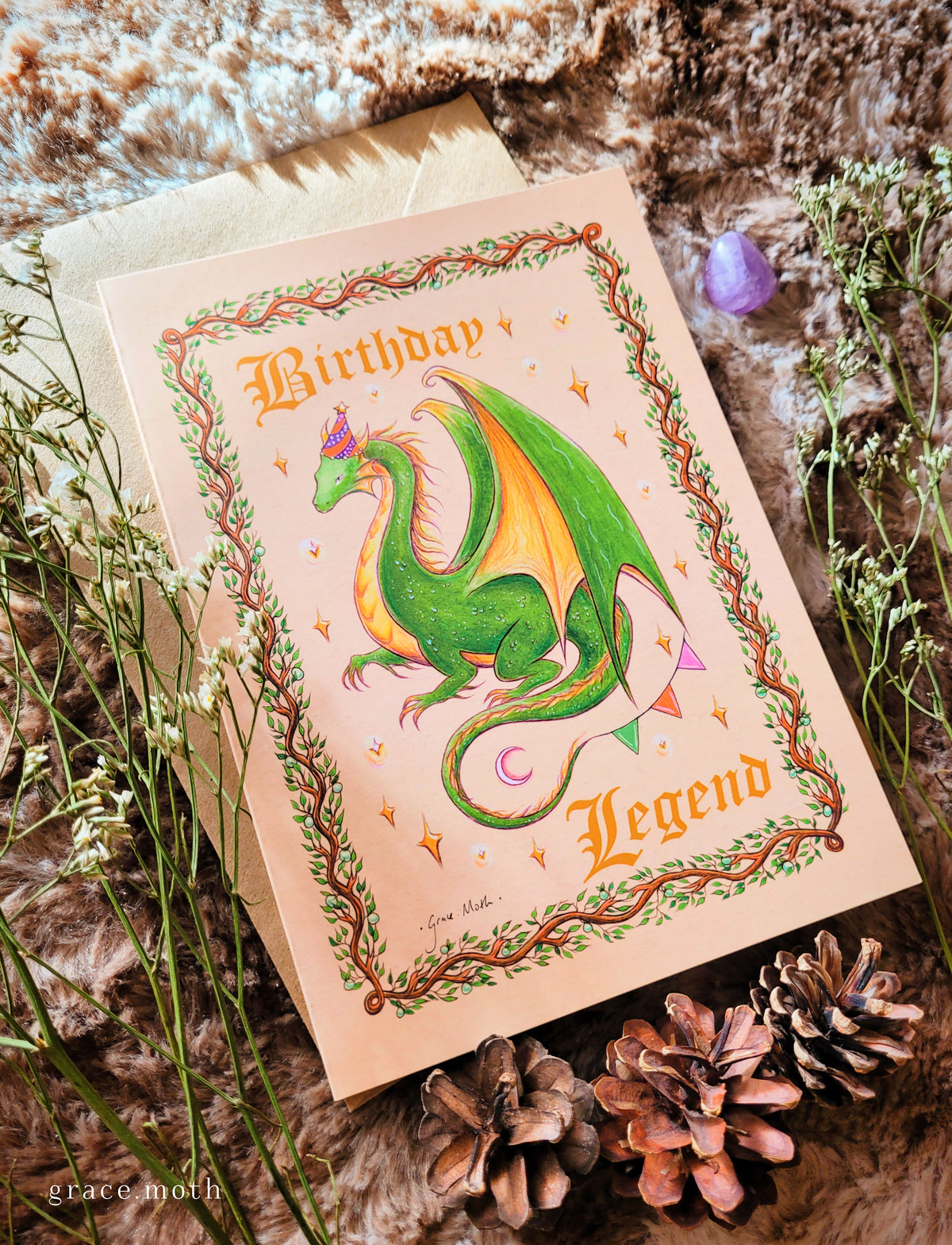 Birthday Legend - greeting card illustrated by Grace Moth - A5 sized, 5.8 x 8.3, Funny Fantasy Medieval Dragon Tapestry (Copy)