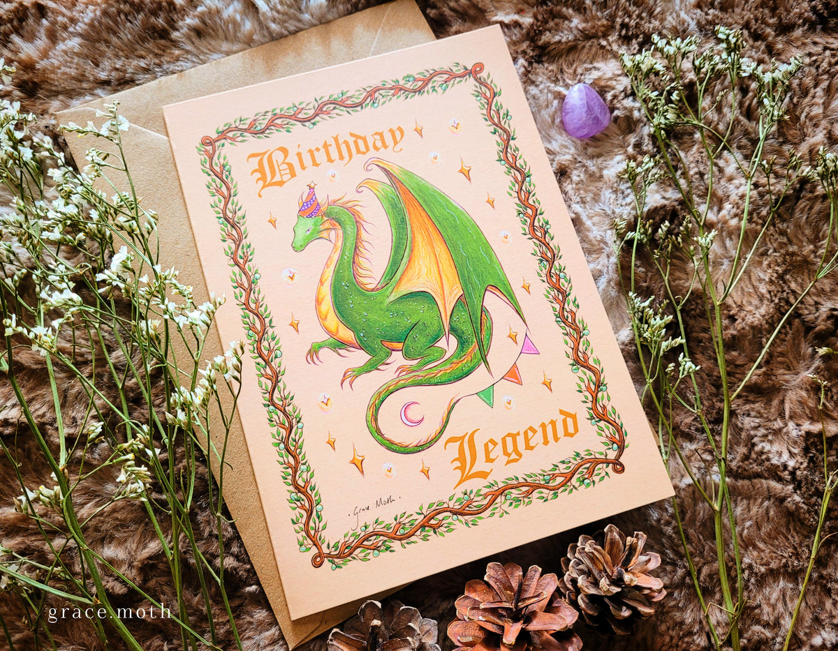 Birthday Legend - greeting card illustrated by Grace Moth - A5 sized, 5.8 x 8.3, Funny Fantasy Medieval Dragon Tapestry (Copy)