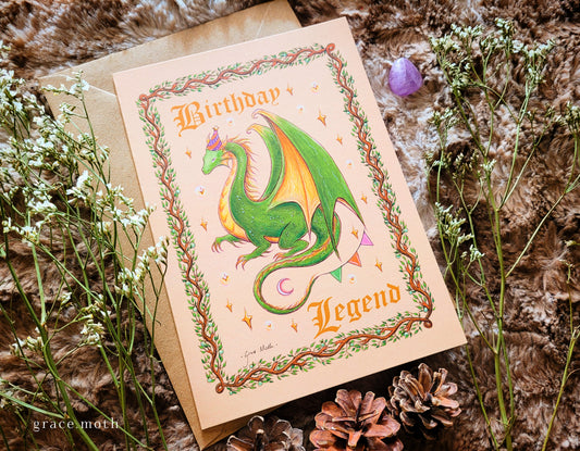 Birthday Legend - greeting card illustrated by Grace Moth - A5 sized, 5.8 x 8.3, Funny Fantasy Medieval Dragon Tapestry (Copy)
