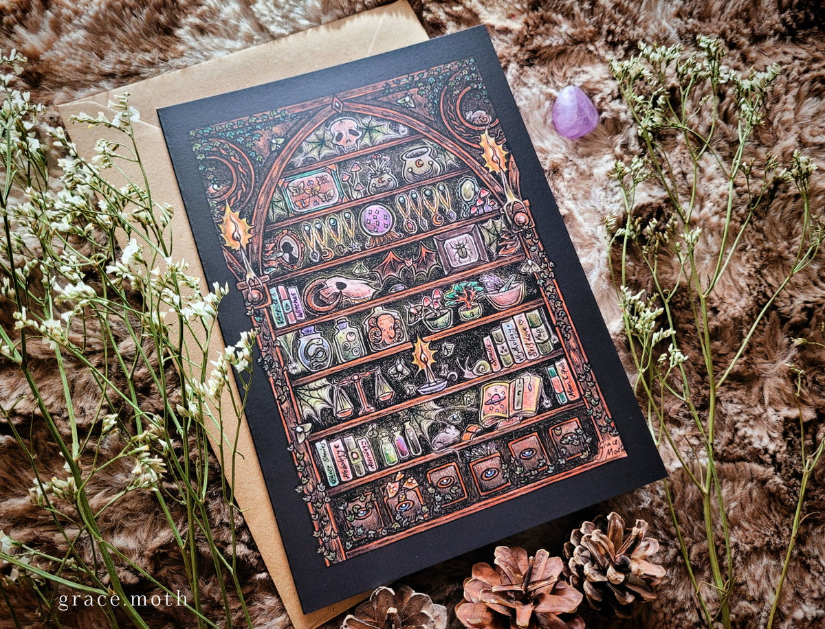 Apothecary - greeting card illustrated by Grace Moth - A5 sized, 5.8 x 8.3, Witchy Magical curiosities (Copy)