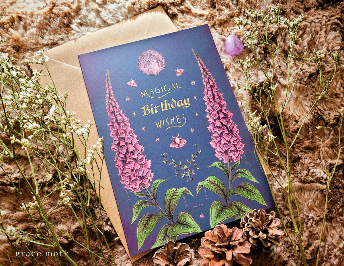 Magical Foxglove Birthday - greeting card illustrated by Grace Moth - A5 sized, 5.8 x 8.3, Foxgloves and Moths (Copy)