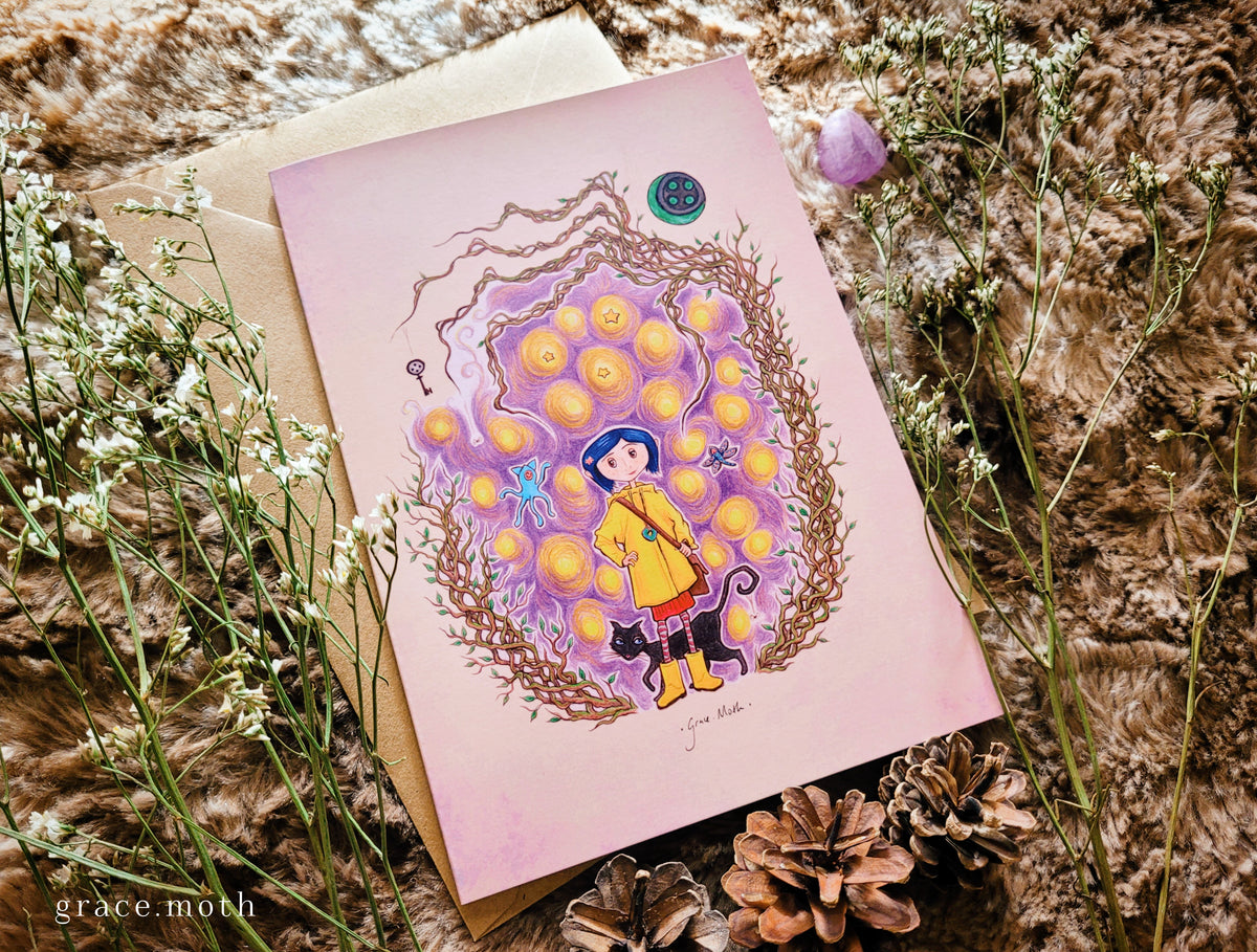 Coraline - greeting card illustrated by Grace Moth - A5 sized, 5.8 x 8.3, gothic movie inspired