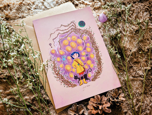 Coraline - greeting card illustrated by Grace Moth - A5 sized, 5.8 x 8.3, gothic movie inspired