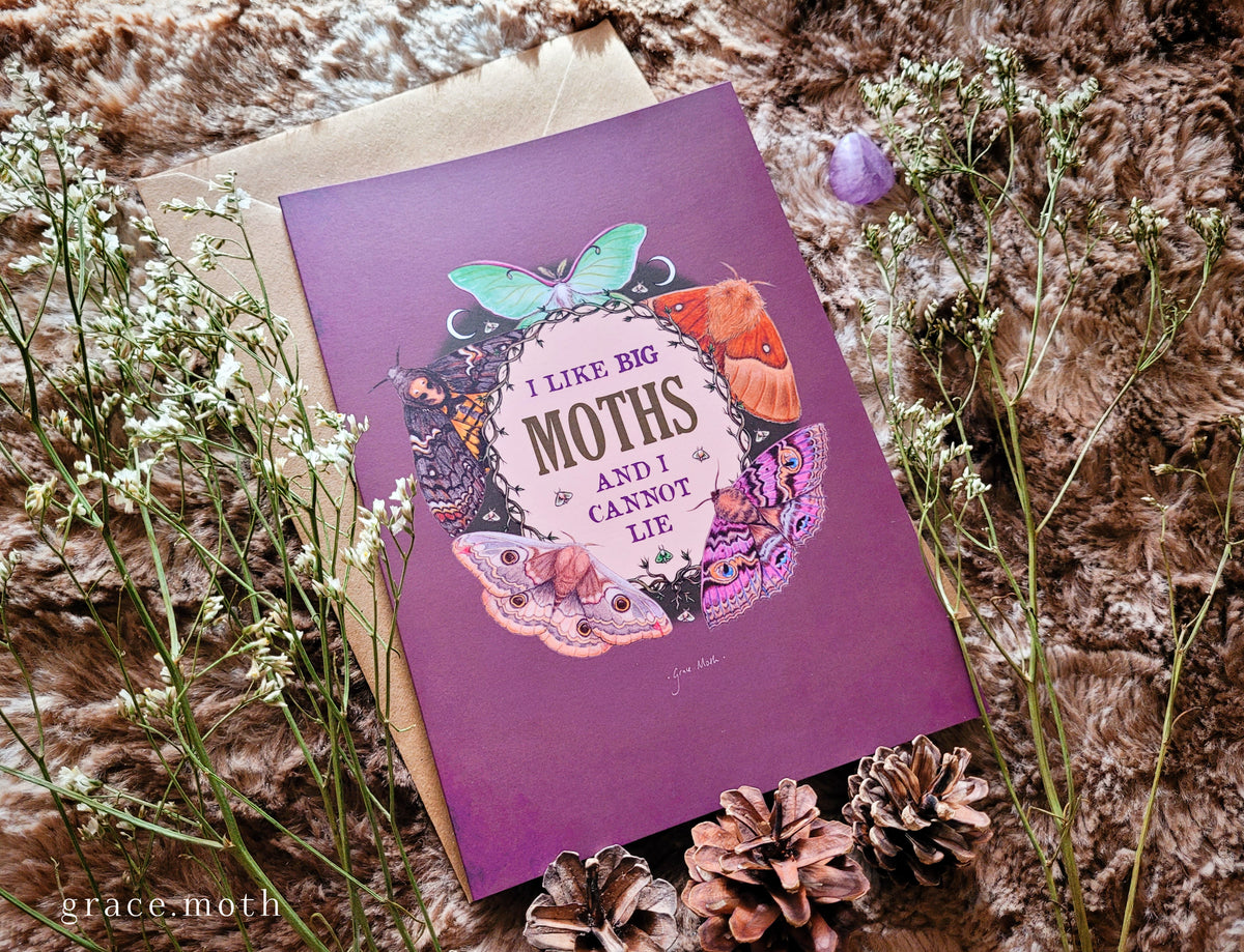 Big Moths - Cheeky greeting card illustrated by Grace Moth - A5 sized, 5.8 x 8.3, funny gothic, pun joke, entomology