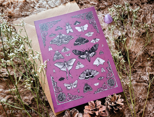 Moth Collection - greeting card illustrated by Grace Moth - A5 sized, 5.8 x 8.3, gothic entomology