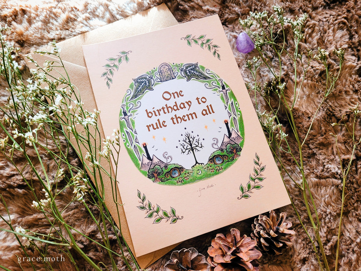 One Birthday to Rule Them All card - A5 greeting card by Grace Moth - 5.8 x 8.3, Lord of the Rings and Hobbit inspired