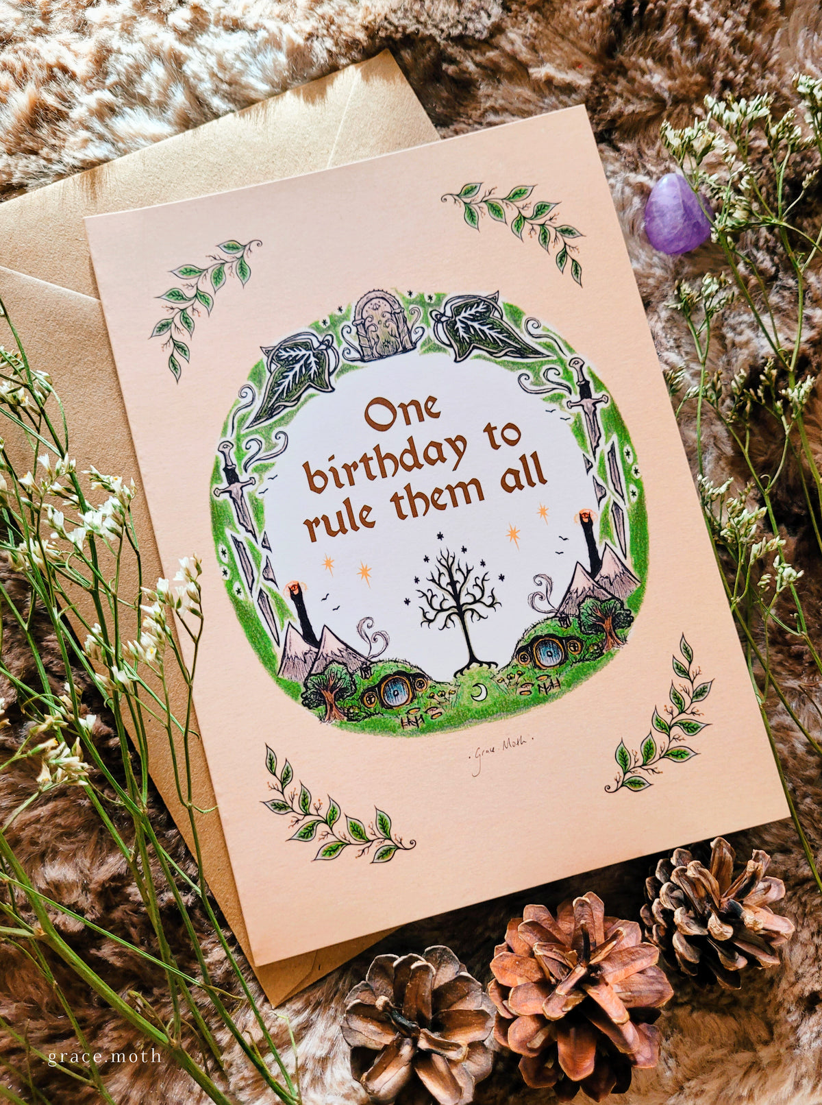 One Birthday to Rule Them All card - A5 greeting card by Grace Moth - 5.8 x 8.3, Lord of the Rings and Hobbit inspired