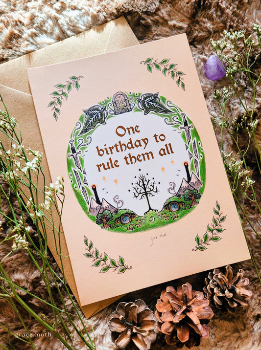 One Birthday to Rule Them All card - A5 greeting card by Grace Moth - 5.8 x 8.3, Lord of the Rings and Hobbit inspired