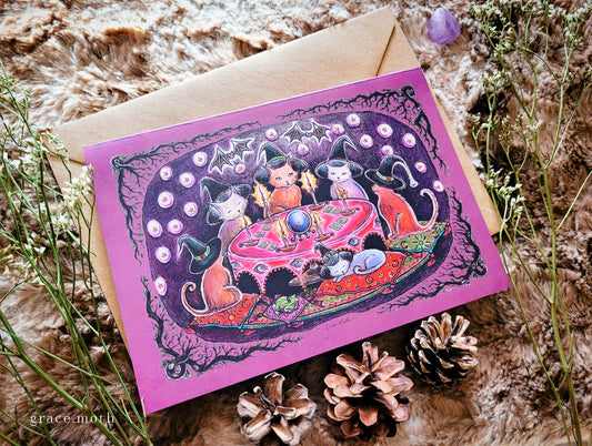 Cat Coven card - A5 greeting card illustrated by Grace Moth - 5.8 x 8.3, witchy seance party