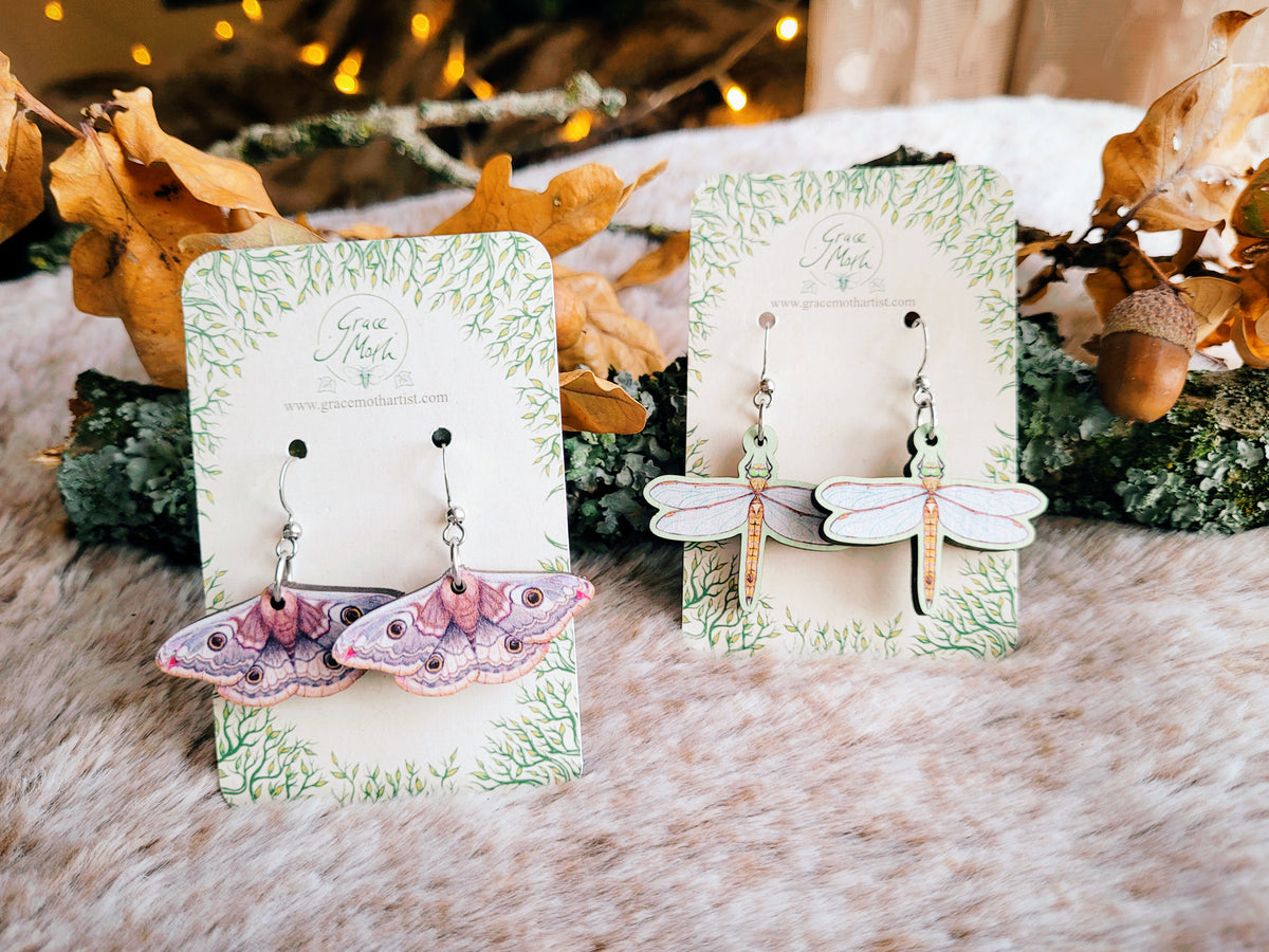 Emperor Moth illustrated earrings, responsibly sourced cherry wood, Entomology watercolour, 304 Stainless Steel hooks, by Grace Moth