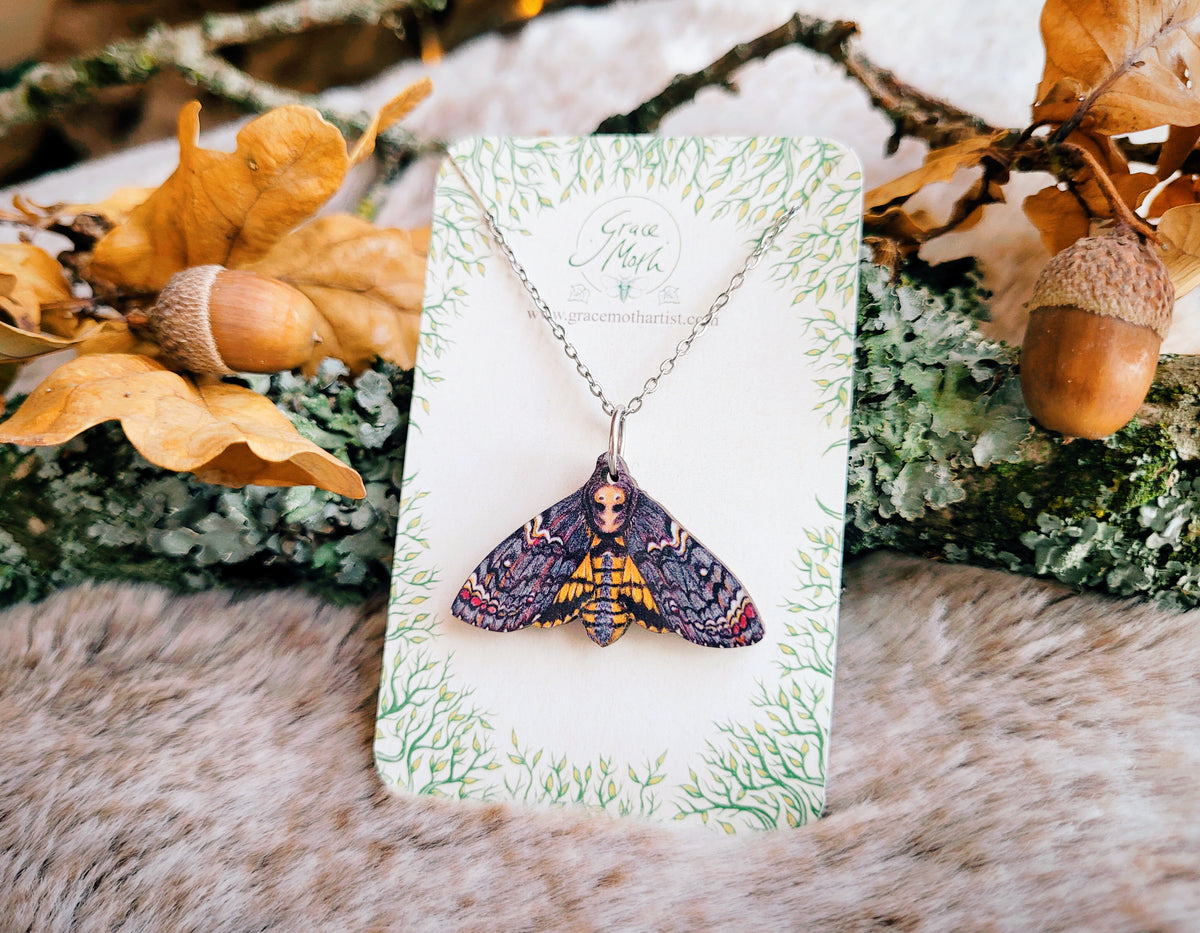 Deaths-Head hawkmoth illustrated necklace, responsibly sourced cherry wood, watercolour entomology, by Grace Moth