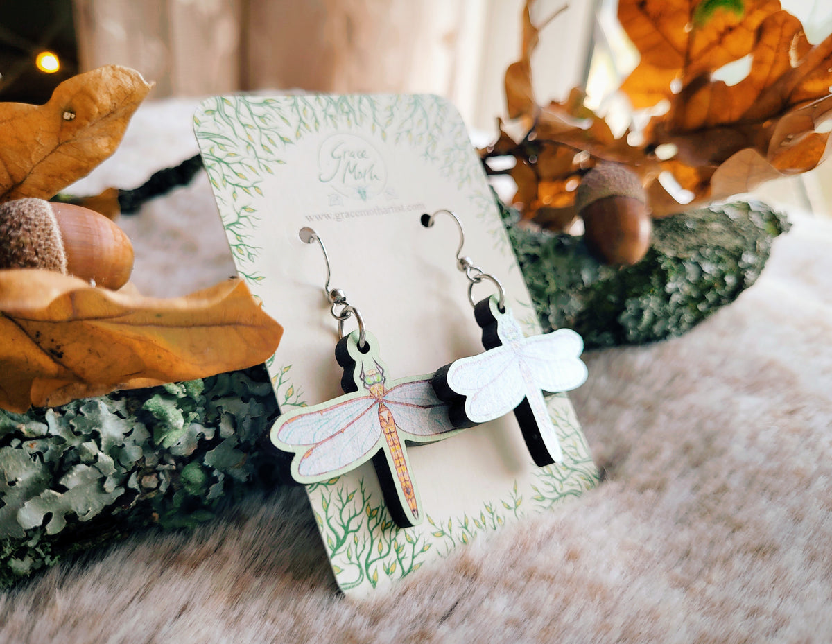 Dragonfly illustrated earrings, responsibly sourced cherry wood, watercolour, 304 Stainless Steel hooks, by Grace Moth